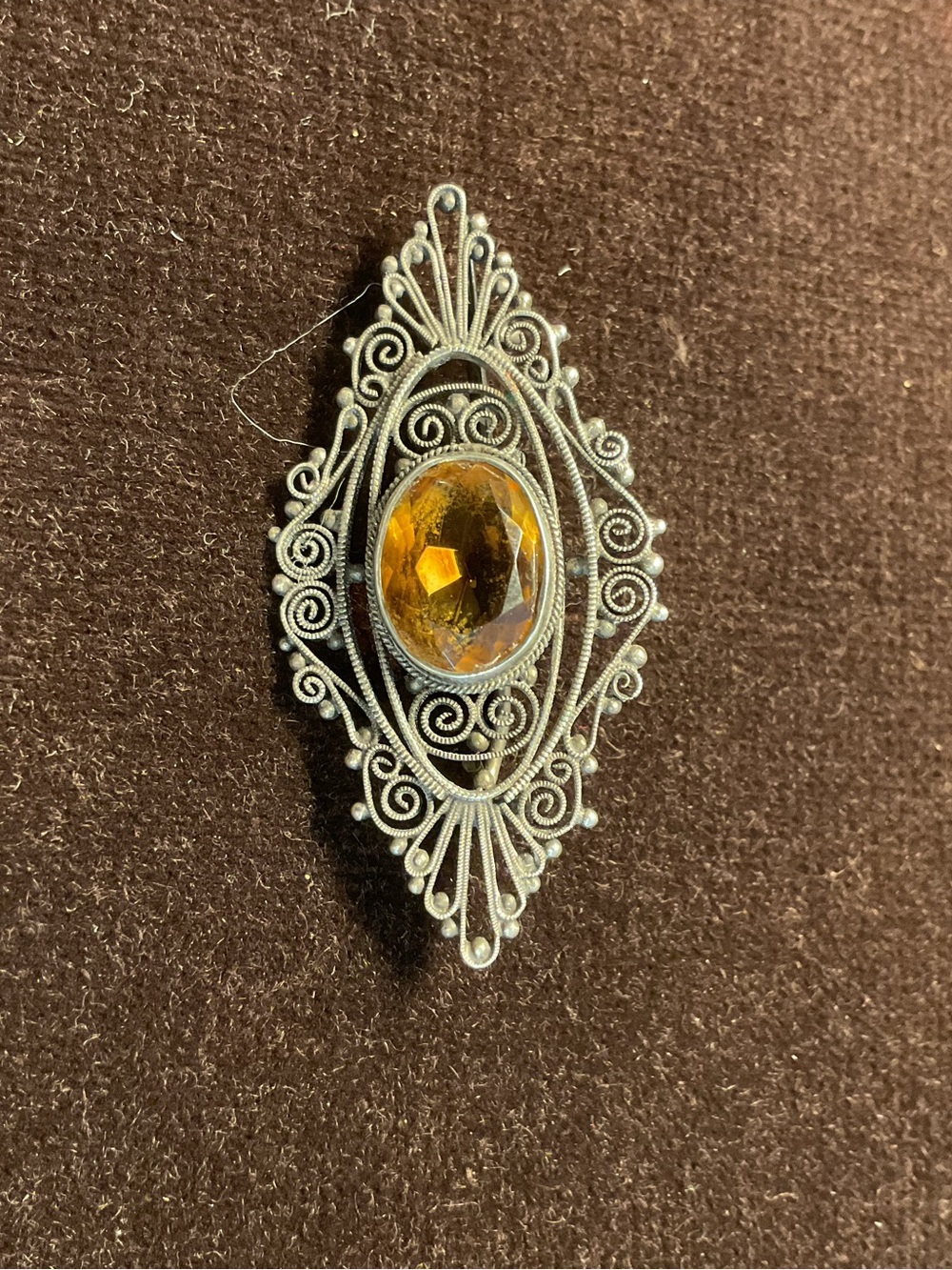 Amber Oval Gem Filigree Brooch - Unbranded